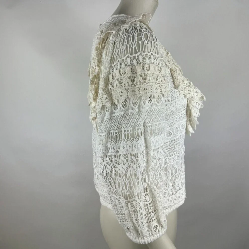 Anthropologie Seen Serena Lace Ruffle Blouse Top Women S 3/4 Sleeve Lined Cotton